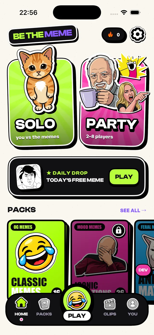 Home screen โ Solo and Party modes